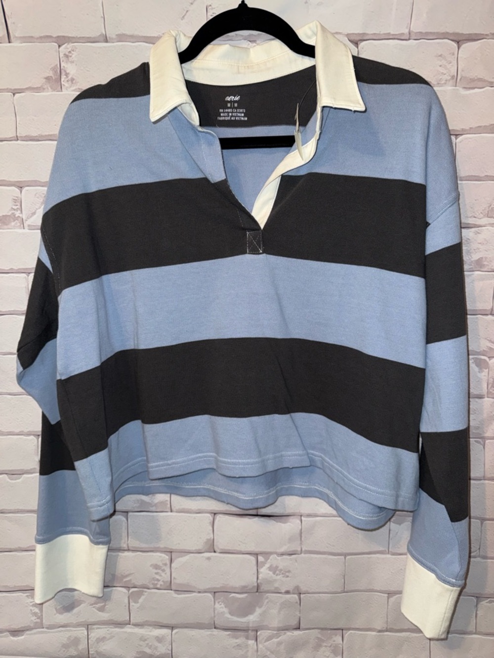 aerie Blue & Charcoal Striped Rugby Polo with White Collar